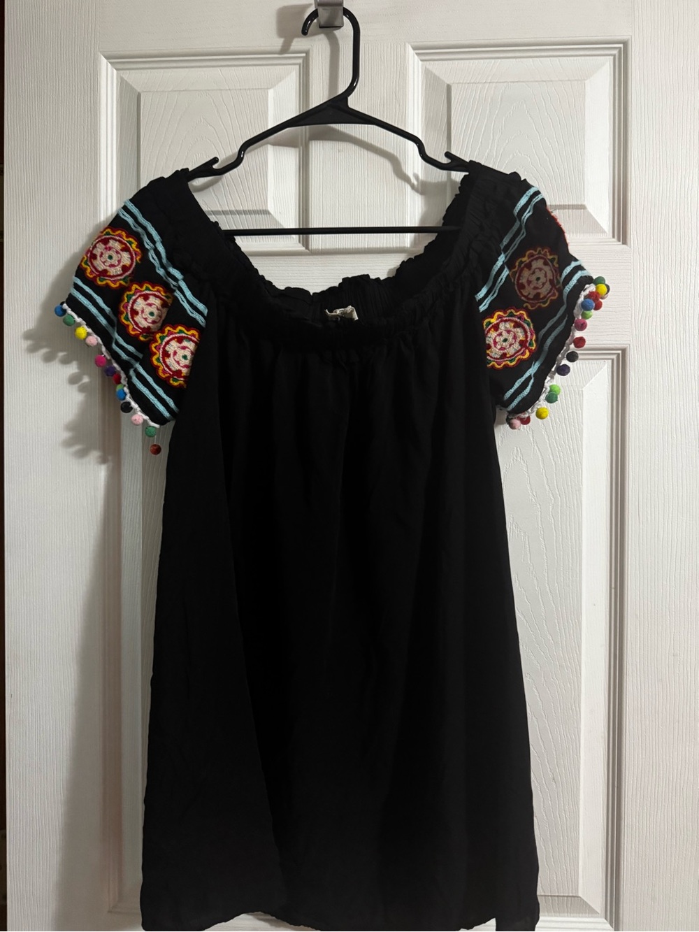 entro Black Off-Shoulder Tunic with Multicolored Embroidered Sleeves